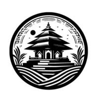 Stylized monochrome illustration within a circular frame a tiered pagoda set against a simple landscape, bordered by stylized text and fauna. vector