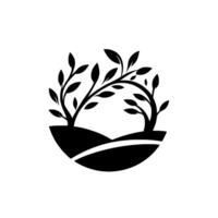 Minimalist black and white depicting two stylized trees with leafy branches growing from a curved landscape within a circular frame, conveying growth. vector