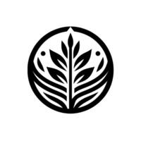 Circular Black and White Botanical Emblem Symmetrical Leaves and Lines, Minimalist , Organic Structure. vector