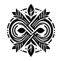 Symmetrical Black and White Ornamental Featuring Intertwined Lines, Leaves, and Dots in a Circular Composition. vector