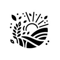A stylized black and white illustration featuring a sunrise over rolling fields, with wheat and leaves, within a circular frame, conveying a sense of growth, abundance, and nature. vector