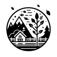 Black and white circular depicting a stylized mountain scene with a house, tree, fence, and falling leaves, embodying a serene, natural environment. vector