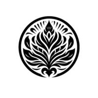 Intricate symmetrical black and white floral emblem within a circle on a clean white background, shadow effect. vector