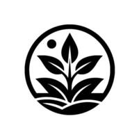 A minimalist black and white emblem featuring a stylized plant with leaves within a circular frame and a small circle at the top left, suggesting growth and nature. vector