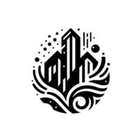 Abstract urban cityscape within an oval frame. Geometric black and white featuring stylized skyscrapers surrounded by swirling patterns and dot details. vector