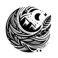 un estilizado negro y blanco circular composición presentando montaña picos, creciente luna, estrellas, y intrincado tribalinspirado patrones, evocando naturalezas tranquilidad. vector