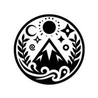 Monochromatic Mountain and Celestial A Circular Symbol Featuring a Mountain, Sun, Moon, Stars, and Decorative Foliage within a Border. vector