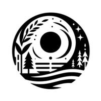 A minimalist black and white circular illustration of a landscape, blending natural elements like trees, stars, and abstract forms. vector