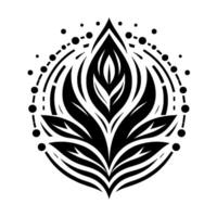 Symmetrical black and white floral geometric with stylized leaves and an outer dotted circular border, minimalist style. vector