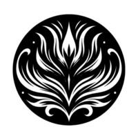 Intricate black and white symmetrical floral within a circular frame, featuring stylized leaves and a central flamelike element, evoking elegance and balance. vector