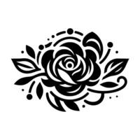 Intricate Black and White Rose Floral with Leaves, Dots, and Swirls, Isolated on a White Background. vector