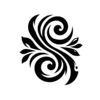 Symmetric, black and white, botanical, ornamental with swirling lines, leaf elements, and shadow on a white background. vector