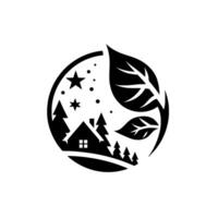 Black and White EcoFriendly Illustration Nighttime Cabin Scene Inside a Circle with Leaves, Stars, and Trees. vector