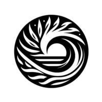 A stylized black and white circular emblem depicting a swirling wave merging with floral elements and the suggestion of a horizon, suggesting balance and natural harmony. vector