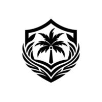 Monochromatic Palm Tree within Shield, flanked by stylized leaffeather flourishes on a white backdrop. vector