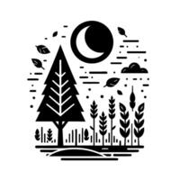 Minimalist black and white illustration of a moonlit forest scene with a stylized pine tree, flora, and falling leaves under a crescent moon. vector