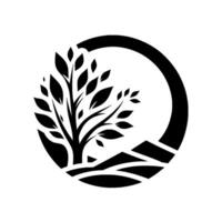 Black and White Minimalist Silhouette of a Tree with Leaves within a Circle, Abstract Landscape at Base vector