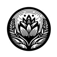 Detailed Black and White Floral Mandala with symmetrical leaflike patterns set within a circle. vector