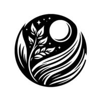 Circular Monochrome Foliage and Crescent Moon Enclosed within Flowing Lines and Starry Sky, Evoking Serene Nature. vector