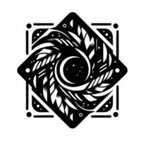 Intricate geometric black and white celestial mandala featuring a crescent moon, starfilled core, and swirling leaves within a square framework. vector