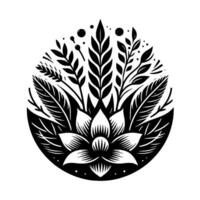 Intricate black and white floral mandala , featuring a detailed lotus at the center, surrounded by various stylized leaves and organic elements within a circular frame. vector