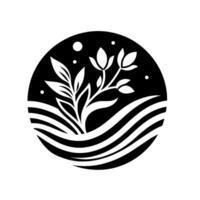 A minimalist, monochrome illustration depicting a plant with flowing leaves and flowers within a circular frame, set above wavy lines, representing an abstract landscape. vector