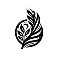 Abstract black and white illustration of a stylized feather and leaves within a circular , showcasing symmetry and negative space. vector
