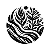 A monochrome illustration stylized botanicals and flowing lines contained within a circle with organic shapes. vector