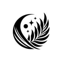 Circular Black and White Geometric Crescent Moon, Stars, and Leaflike Elements, on a clean white background. vector
