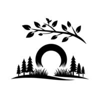 Stylized black and white nature silhouette featuring a tree branch above, with trees, grass, and a sunlike shape below. vector