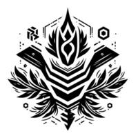 Intricate Black and White Geometric Emblem with Central Organic Motif, Surrounded by Angular Forms and Leafy Elements vector