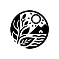 A serene, circular featuring a black and white minimalist landscape a sun, mountains, a house, water, and foliage. vector