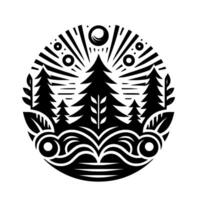 Symmetrical Black and White Forest Emblem Circular featuring silhouetted pine trees, sunbursts, wavy lines, leaves, and subtle, intricate detailing. vector
