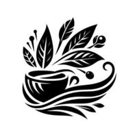 Stylized black and white illustration featuring a coffee cup surrounded by stylized leaves, berries, and flowing lines, symbolizing nature and refreshment. vector