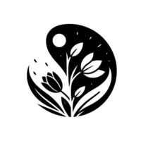 Stylized Black and White Floral Emblem A Minimalist Tulip and Leaf Within a Curved Shape, Featuring a Moon and Starlike Accents, Suggesting a Nighttime Garden. vector