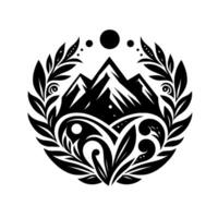 A circular emblem depicting stylized mountain peaks, framed by ornate leafy branches and decorative swirls, accented with celestial elements in bold black and white contrast. vector