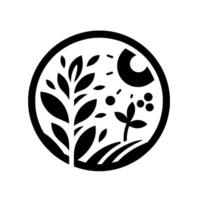 A stylized black and white circular emblem featuring a tree with leaves, moon, grass and small plants on a white background. vector