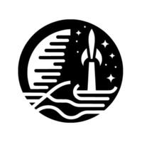 Monochromatic emblem featuring a rocket launching from a platform, with the moon, stars, and water elements in a stylized, circular composition. vector