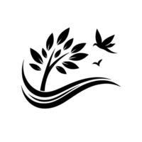 Minimalist Monochrome A stylized tree with flowing lines, two birds taking flight, evoking growth, nature, and freedom on a white background. vector