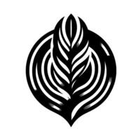 A stylized symmetrical black and white , resembling a stylized feather or leaf within a nested, stylized oval shape on a white background. vector