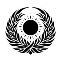 A symmetrical, stylized black and white illustration features a central dark circle, suggestive of a sun, encircled by stylized leafy elements and a crescentshaped border. vector