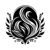 Black and white symmetrical stylized crest with a central oval motif featuring flowing lines, crescent moon, and leafy embellishments on white background. vector