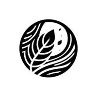 Abstract Black and White Circular Composition with Stylized Leaf, Wavy Lines, and Floating Elements on a White Background. vector