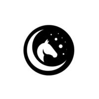 A minimalist black and white emblem featuring a horses profile nestled within a crescent moon and stars against a plain white background. vector