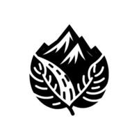 A stylized black and white illustration of a mountain range within a leafshaped , symbolizing natures balance. vector