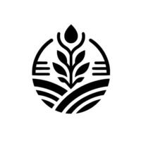A minimalist black and white emblem showcasing stylized wheat growing from a field, surrounded by a circular frame, evoking nature and growth. vector