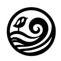 Monochromatic emblem of a stylized bird perched on a small hill, with a wave element, all enclosed in a circular frame. vector