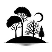 Silhouette of a small island with trees and a crescent moon, reflecting in still water, in a minimalist monochromatic style. vector
