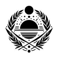 Symmetrical Black and White Geometric Emblem Sun, Laurel Wreath, and Celestial Elements, Minimalist on White Background. vector
