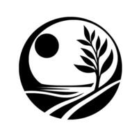 Minimalist Black and White Circular Depicting a Landscape with a Tree, Sun, and Rolling Hills, Evoking Nature and Serenity. vector